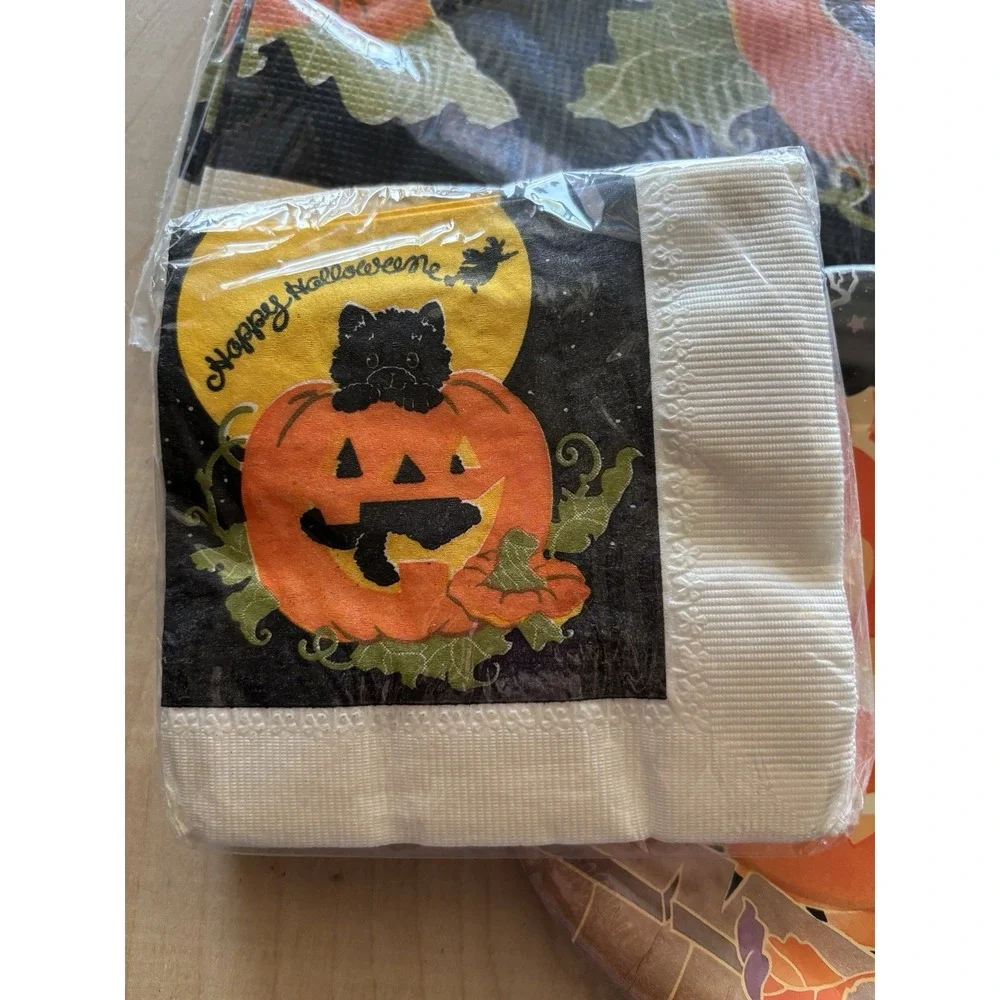Vtg Halloween Party LOT of 5 CA Reed Black Kitten JOL Plates Tablecloth Cups